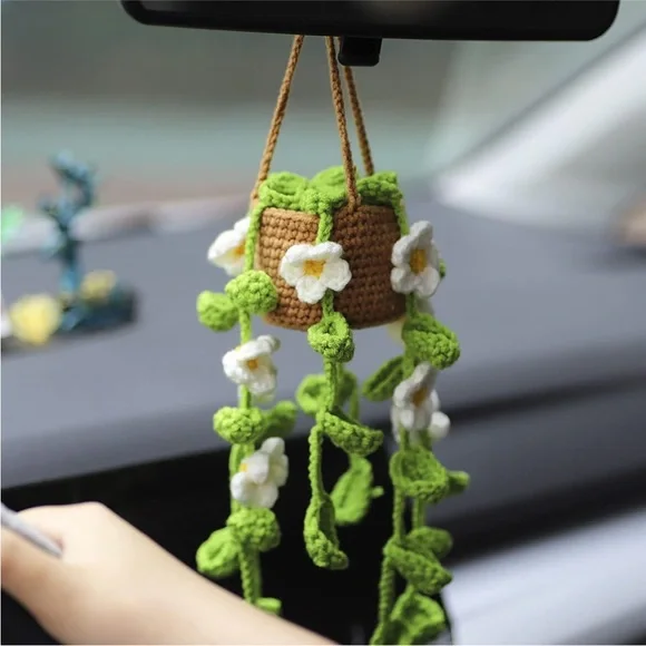 Handmade Woven Daisy Flower Plant Vine Pot Knit Car Mirror Hanging Accessory - Picture 2 of 6
